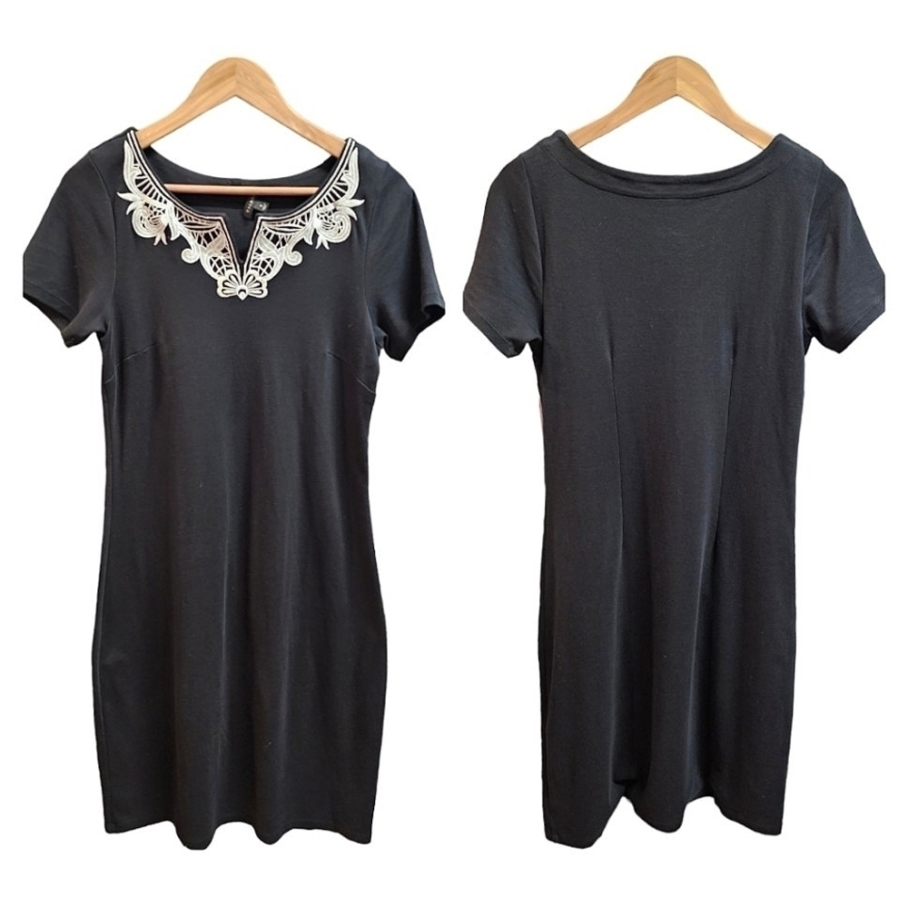 Talbots Black Cotton Embroidered Neck Knee Length Dress Size Small Tailored